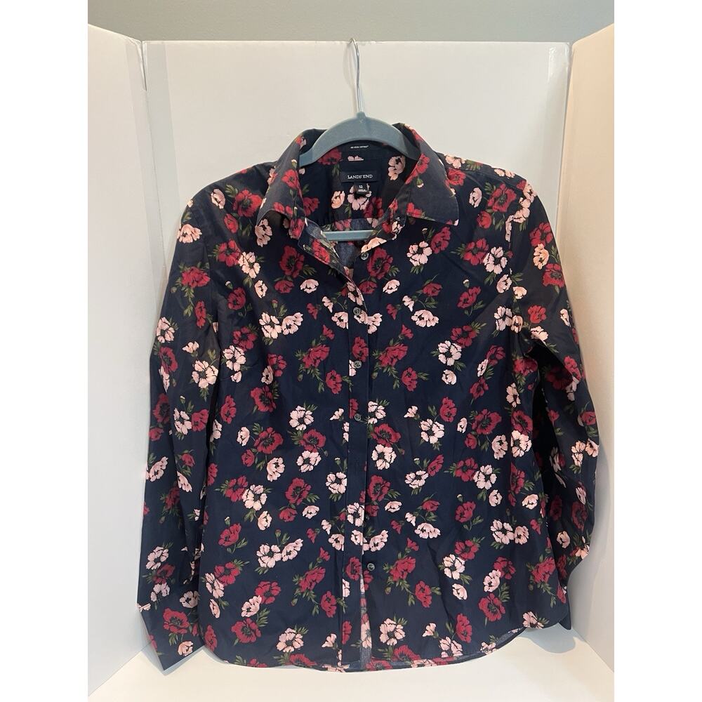 Lands End Women Shirt Non-Iron Plaid ButtonUp Blue Red Floral Sz 12 Top Blouse